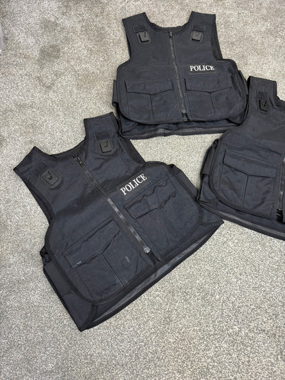 3x Ex Police Black Body Armour Covers Badged Job Lot Film TV Uniform Collector Display