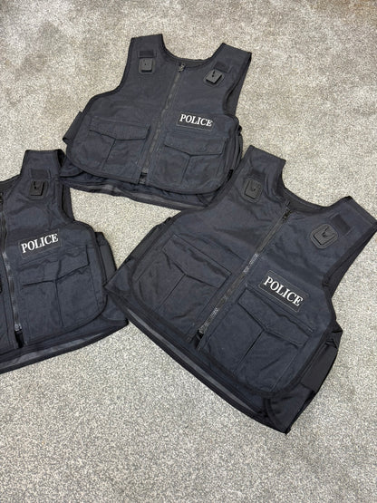 3x Ex Police Black Body Armour Covers Badged Job Lot Film TV Uniform Collector Display