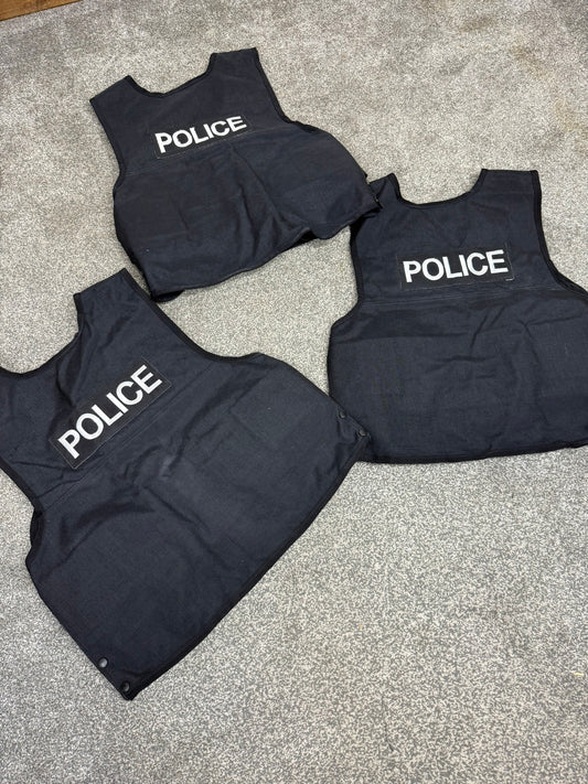 3x Ex Police Black Body Armour Covers Badged Job Lot Film TV Uniform Collector Display