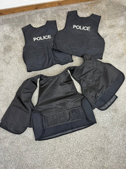 3x Ex Police Black Body Armour Covers Badged Job Lot Film TV Uniform Collector Display