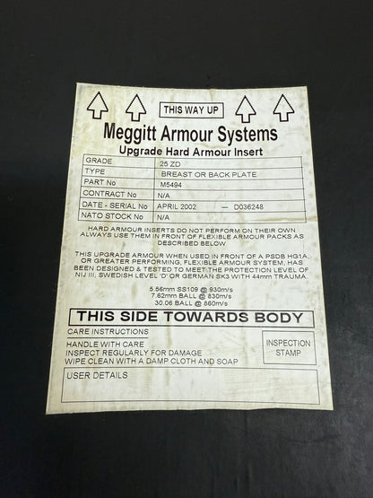 Ex Police Meggitt Body Armour Ballistic Hard Plate Insert