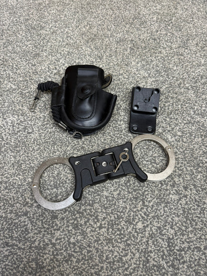Ex Police Folding Hiatt Handcuffs Hinged Cuffs Pouch & Key Security Collectable