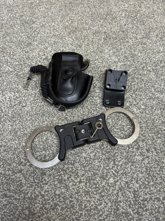 Ex Police Folding Hiatt Handcuffs Hinged Cuffs Pouch & Key Security Collectable