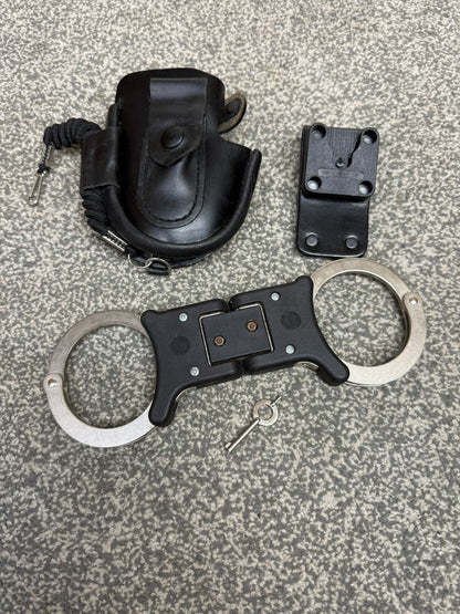 Ex Police Folding Hiatt Handcuffs Hinged Cuffs Pouch & Key Security Collectable