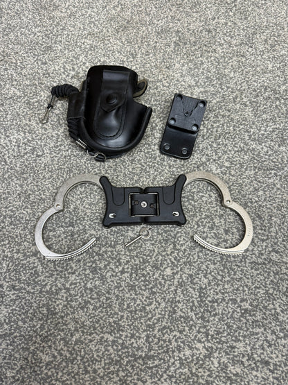 Ex Police Folding Hiatt Handcuffs Hinged Cuffs Pouch & Key Security Collectable