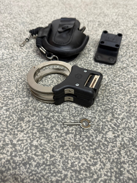 Ex Police Folding Hiatt Handcuffs Hinged Cuffs Pouch & Key Security Collectable