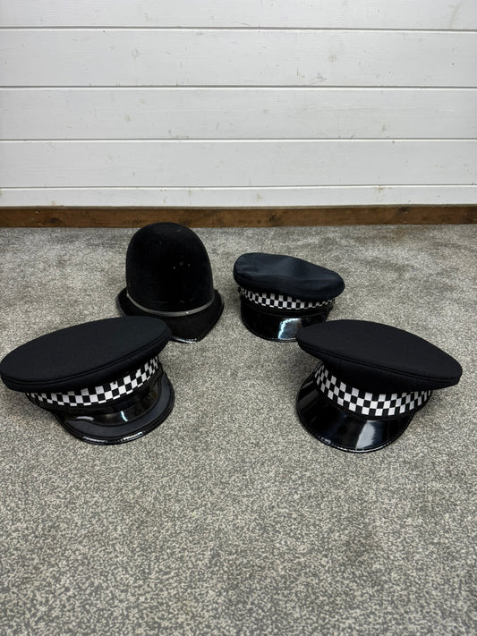 4x Ex Police Peak Cap & Bobby Helmet Hat Job Lot Uniform Costume Display