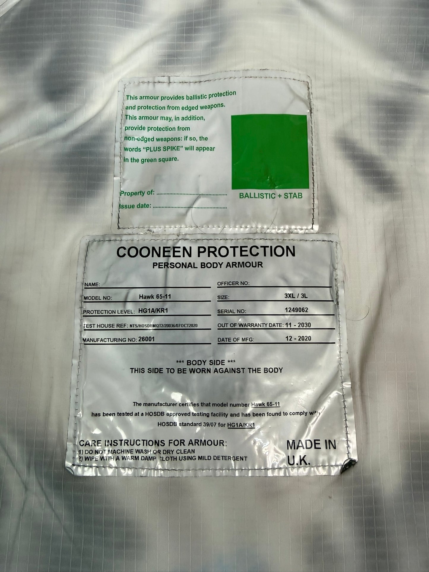Ex Police Cooneen Body Armour Vest Anti Stab & Ballistic HG1A & KR1 - LARGE