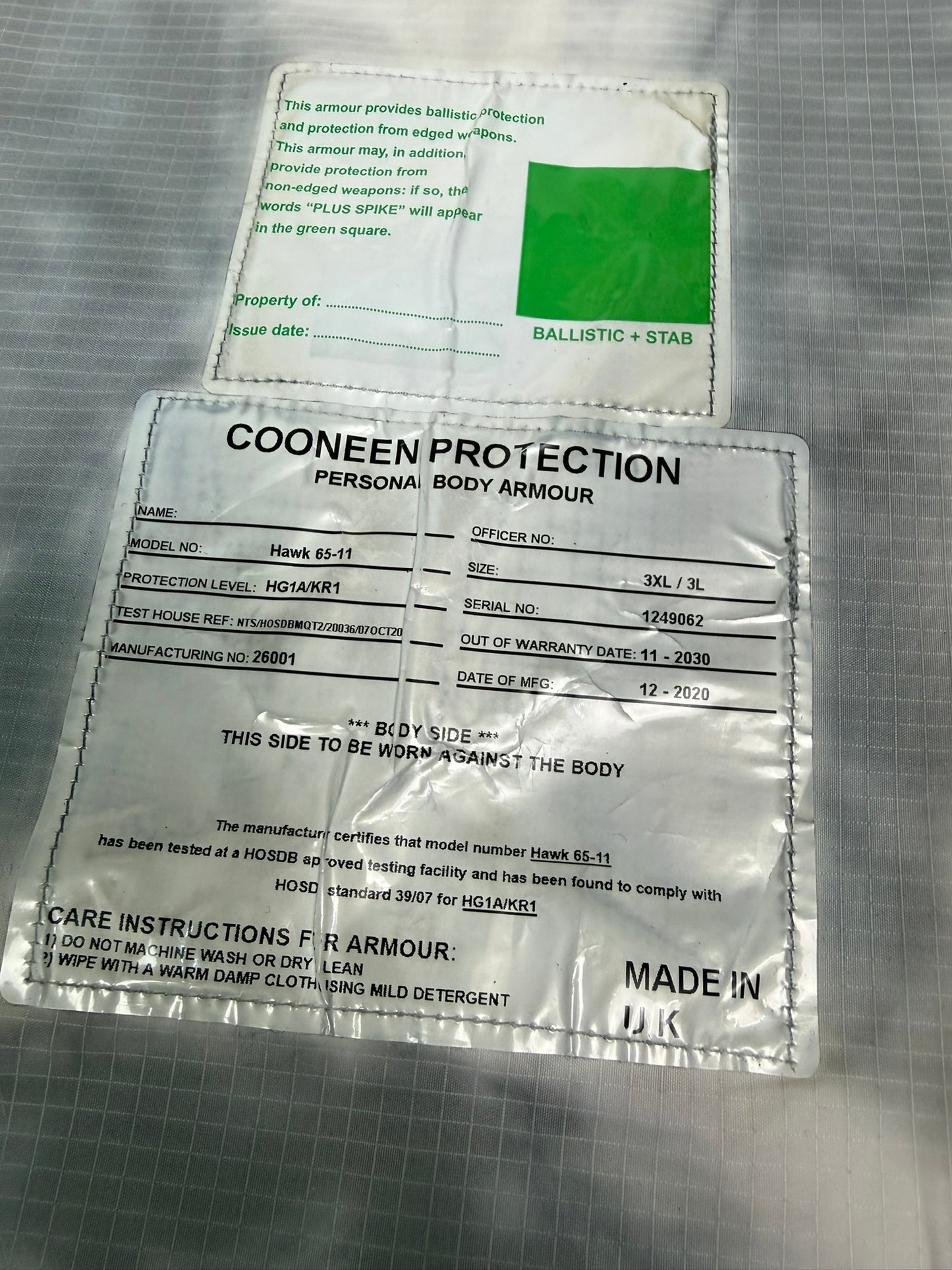 Ex Police Cooneen Body Armour Vest Anti Stab & Ballistic HG1A & KR1 - LARGE