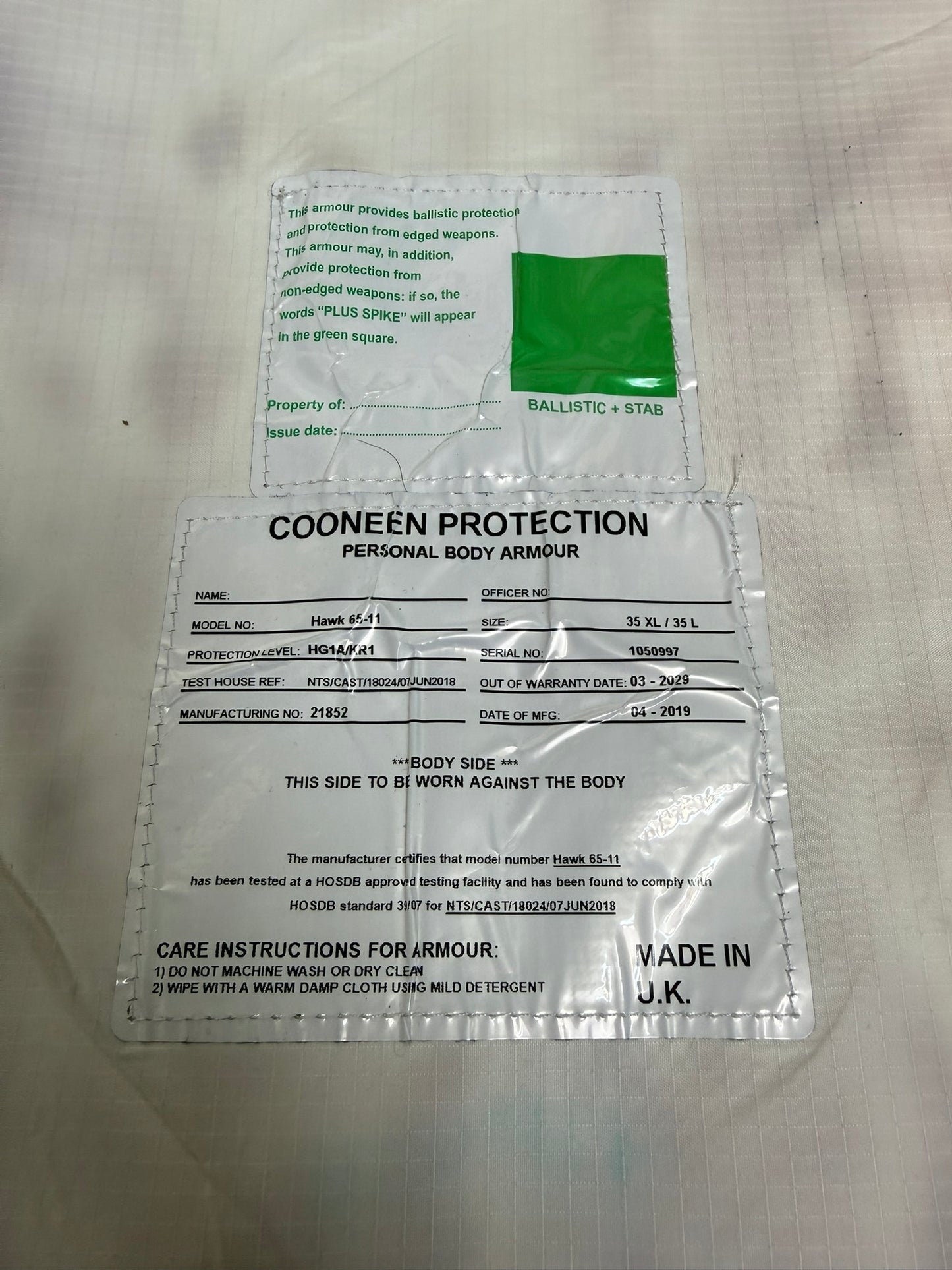 Ex Police Cooneen Body Armour Vest Anti Stab & Ballistic HG1A & KR1 - MEDIUM