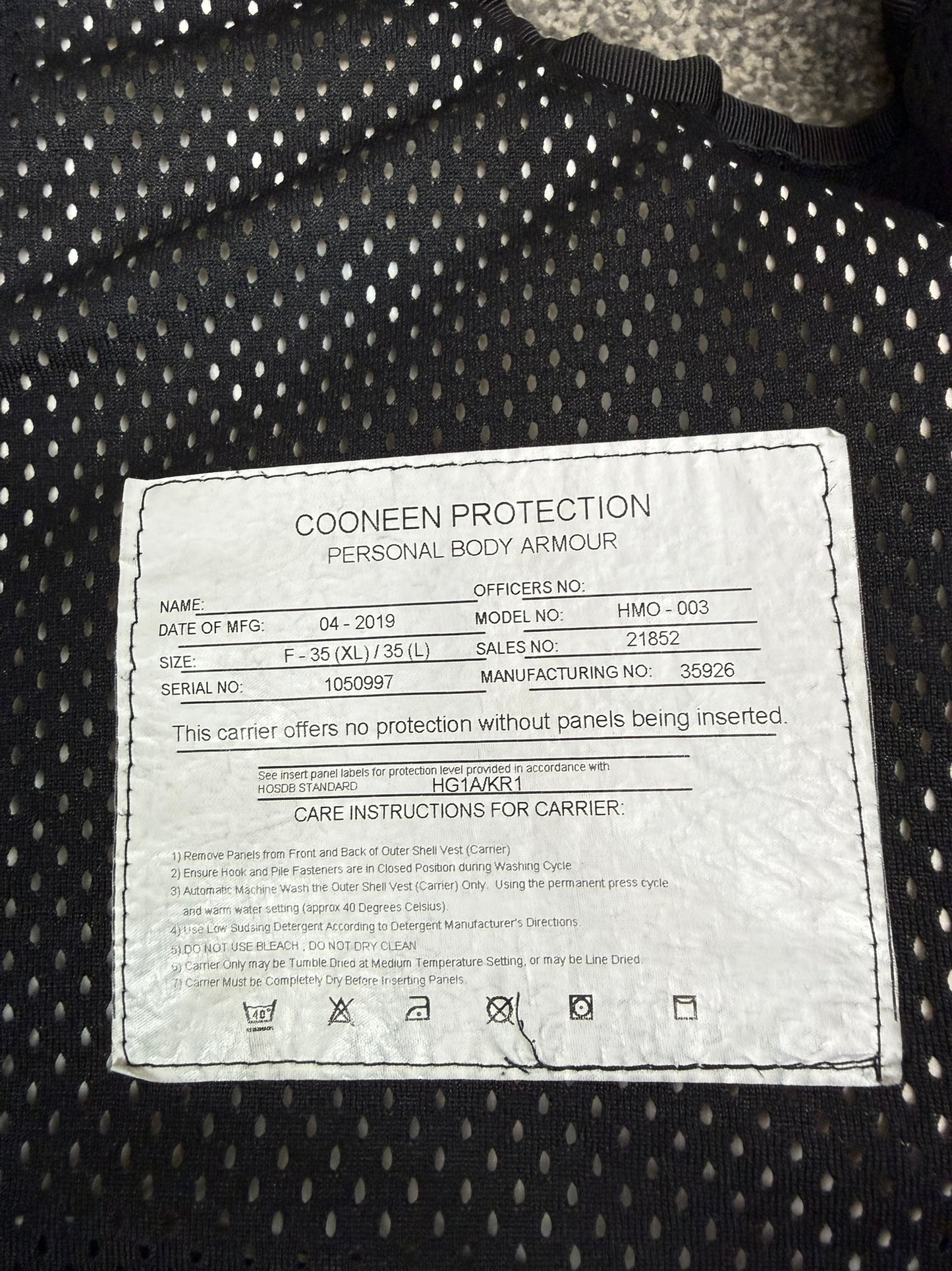 Ex Police Cooneen Body Armour Vest Anti Stab & Ballistic HG1A & KR1 - MEDIUM