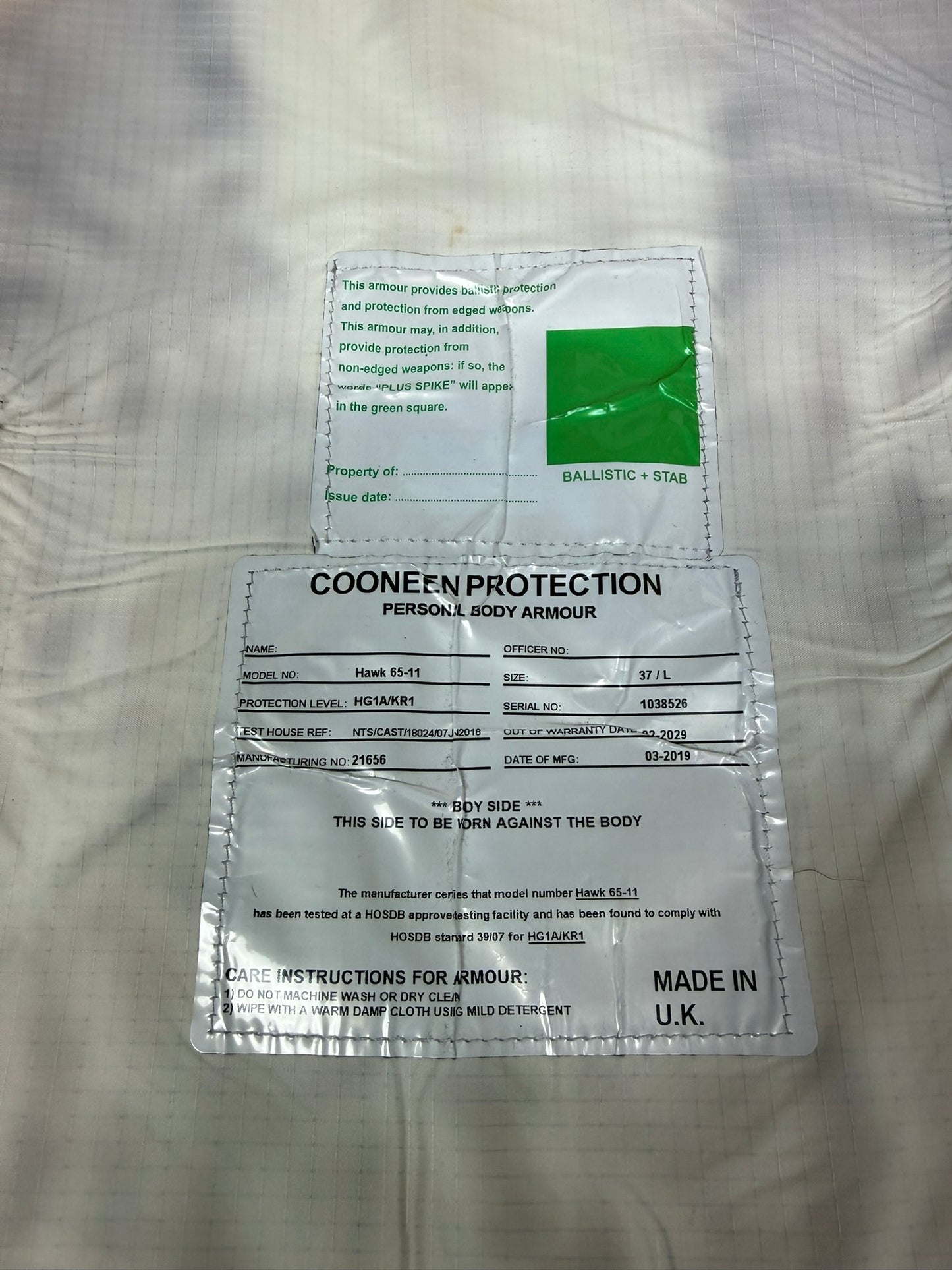 Ex Police Cooneen Body Armour Vest Anti Stab & Ballistic HG1A & KR1 - LARGE