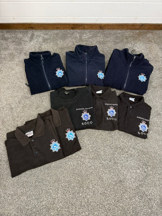 8x Ex Hertfordshire Constabulary SOCO Police Embroidered Polo Shirts & Fleeces Job Lot Collector Film TV Uniform