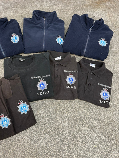 8x Ex Hertfordshire Constabulary SOCO Police Embroidered Polo Shirts & Fleeces Job Lot Collector Film TV Uniform