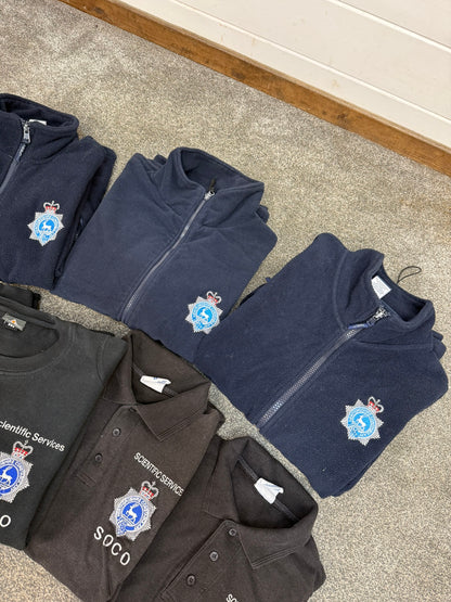 8x Ex Hertfordshire Constabulary SOCO Police Embroidered Polo Shirts & Fleeces Job Lot Collector Film TV Uniform
