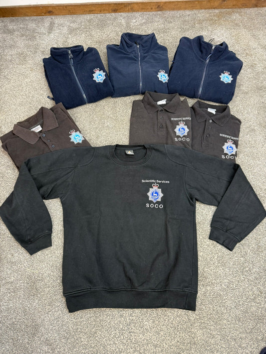 8x Ex Hertfordshire Constabulary SOCO Police Embroidered Polo Shirts & Fleeces Job Lot Collector Film TV Uniform