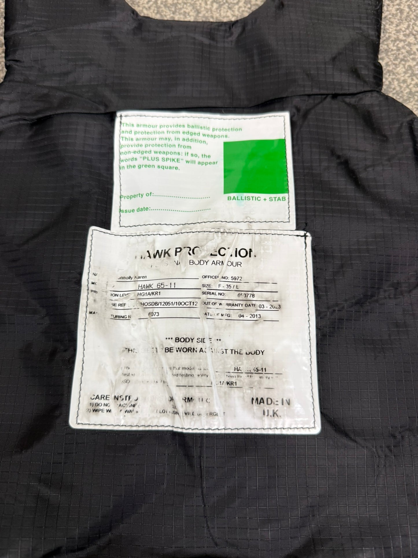 Ex Police Black Hawk Body Armour Vest & Bag Anti Stab & Ballistic HG1A & KR1 Security - MEDIUM