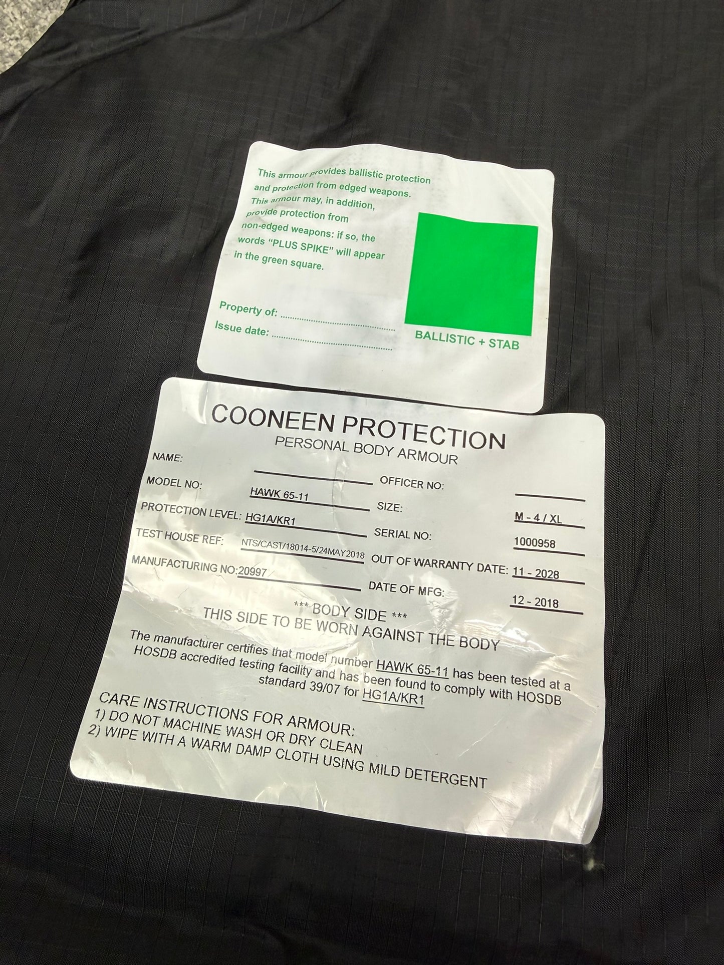 Ex Police Cooneen Body Armour Vest & Bag Anti Stab & Ballistic HG1A & KR1 - LARGE