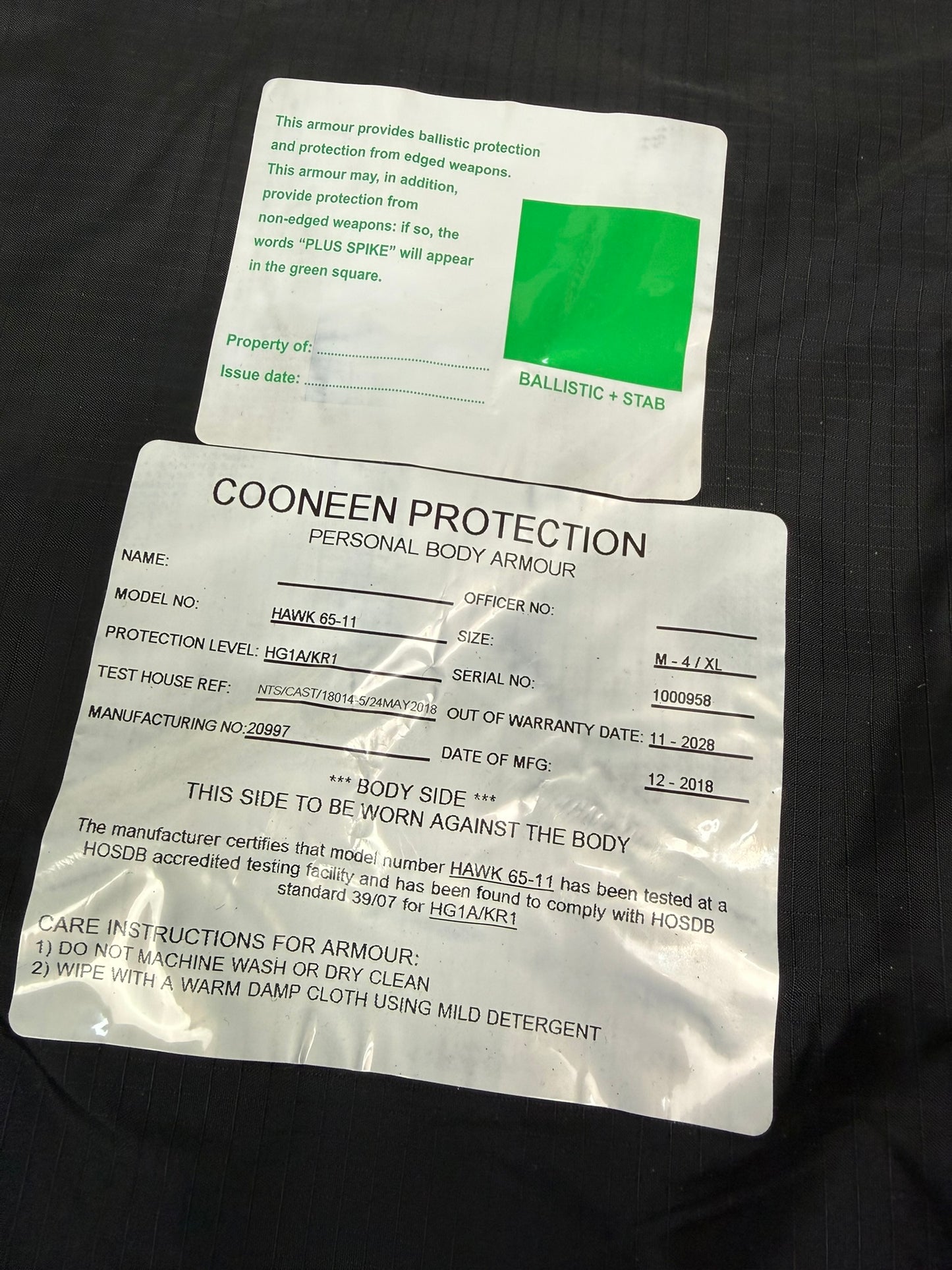 Ex Police Cooneen Body Armour Vest & Bag Anti Stab & Ballistic HG1A & KR1 - LARGE