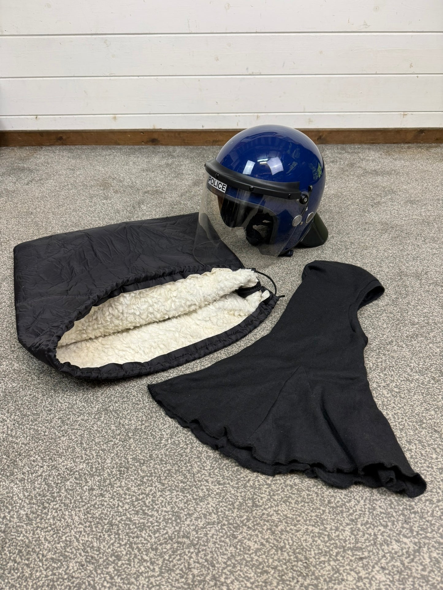 Ex Police Riot Helmet 56-57cm Fleece Bag & Hood Genuine Airsoft Display