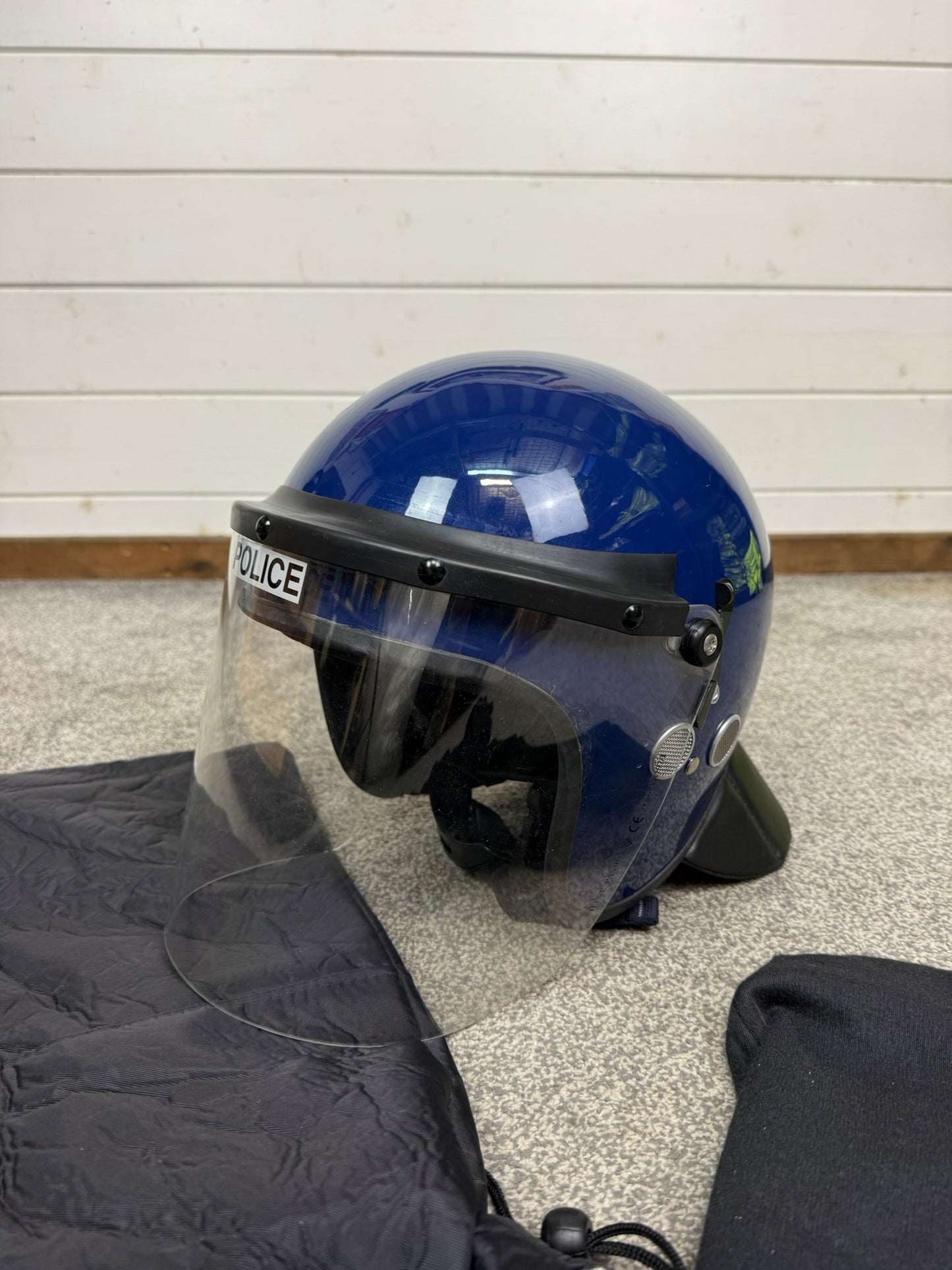 Ex Police Riot Helmet 56-57cm Fleece Bag & Hood Genuine Airsoft Display