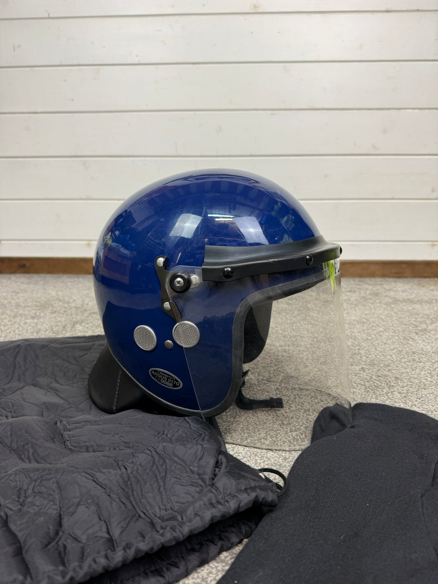 Ex Police Riot Helmet 56-57cm Fleece Bag & Hood Genuine Airsoft Display