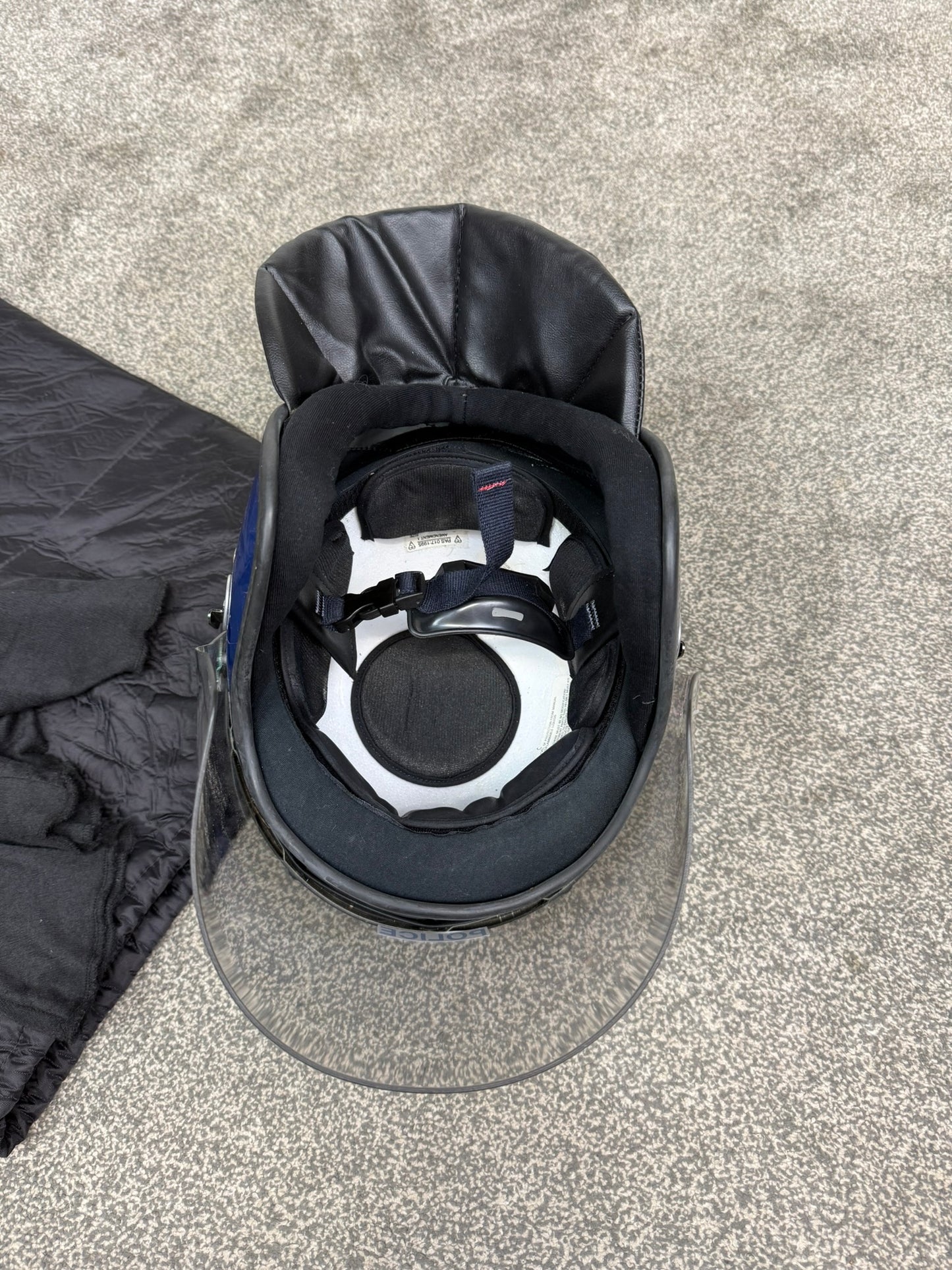 Ex Police Riot Helmet 56-57cm Fleece Bag & Hood Genuine Airsoft Display