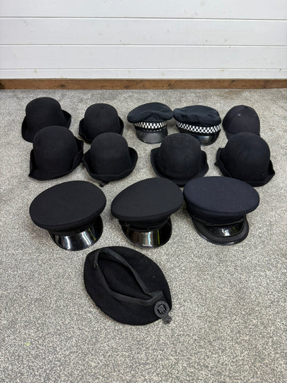 13x Ex Police Peak Cap Bowler Hat Beret Job Lot Theatre Headwear Uniform Film Prop Lot