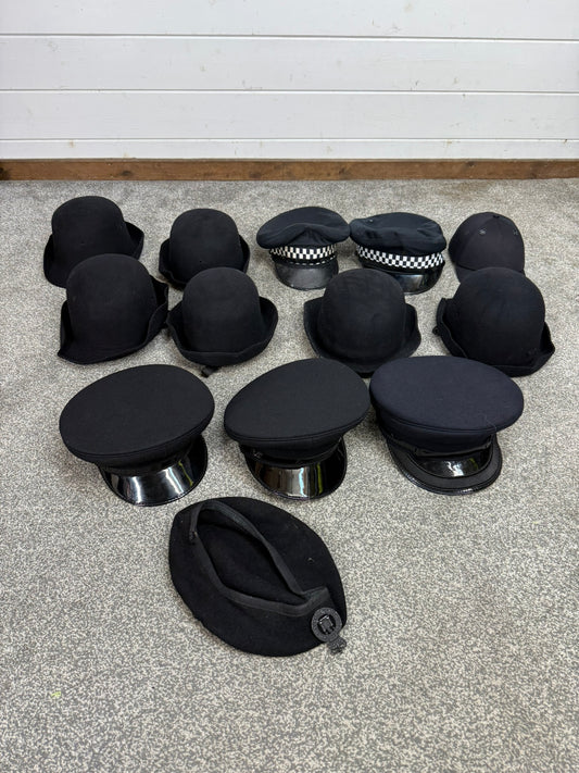 13x Ex Police Peak Cap Bowler Hat Beret Job Lot Theatre Headwear Uniform Film Prop Lot