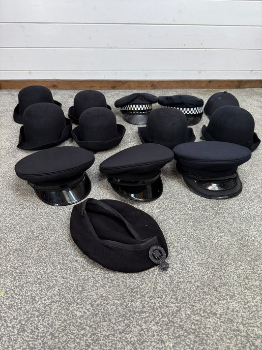 13x Ex Police Peak Cap Bowler Hat Beret Job Lot Theatre Headwear Uniform Film Prop Lot