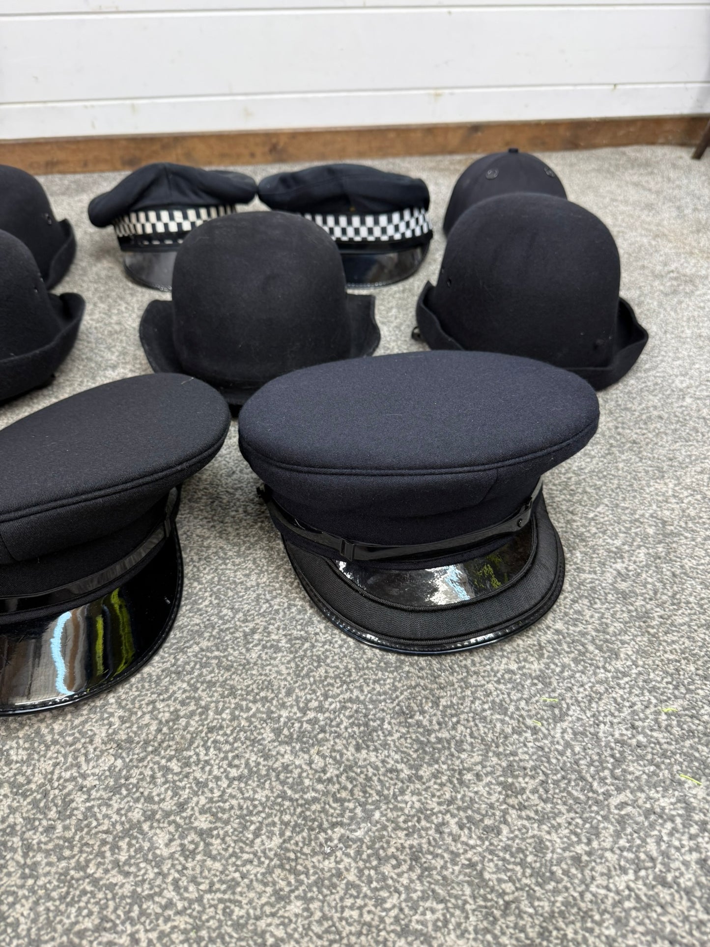 13x Ex Police Peak Cap Bowler Hat Beret Job Lot Theatre Headwear Uniform Film Prop Lot