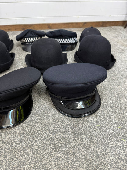 13x Ex Police Peak Cap Bowler Hat Beret Job Lot Theatre Headwear Uniform Film Prop Lot