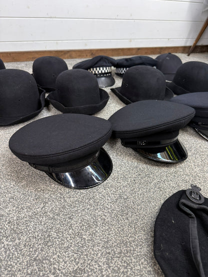 13x Ex Police Peak Cap Bowler Hat Beret Job Lot Theatre Headwear Uniform Film Prop Lot