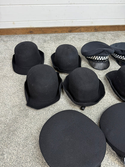 13x Ex Police Peak Cap Bowler Hat Beret Job Lot Theatre Headwear Uniform Film Prop Lot