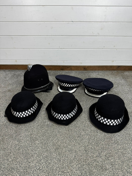 6x Ex Police Cap Bowler Hat Bobby Helmet Job Lot Theatre Headwear Uniform Film