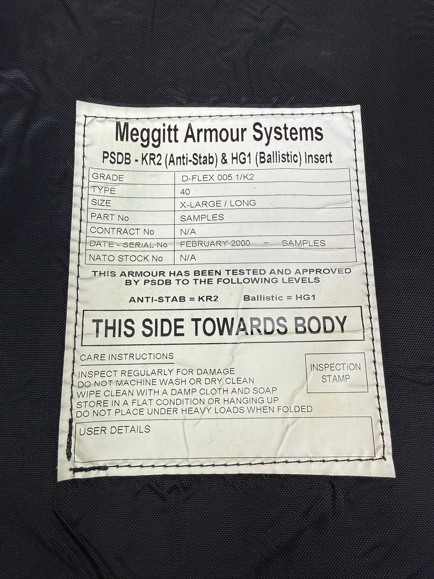 Ex Police Meggitt Body Armour Vest X LARGE Anti Stab & Ballistic HG1 & KR2