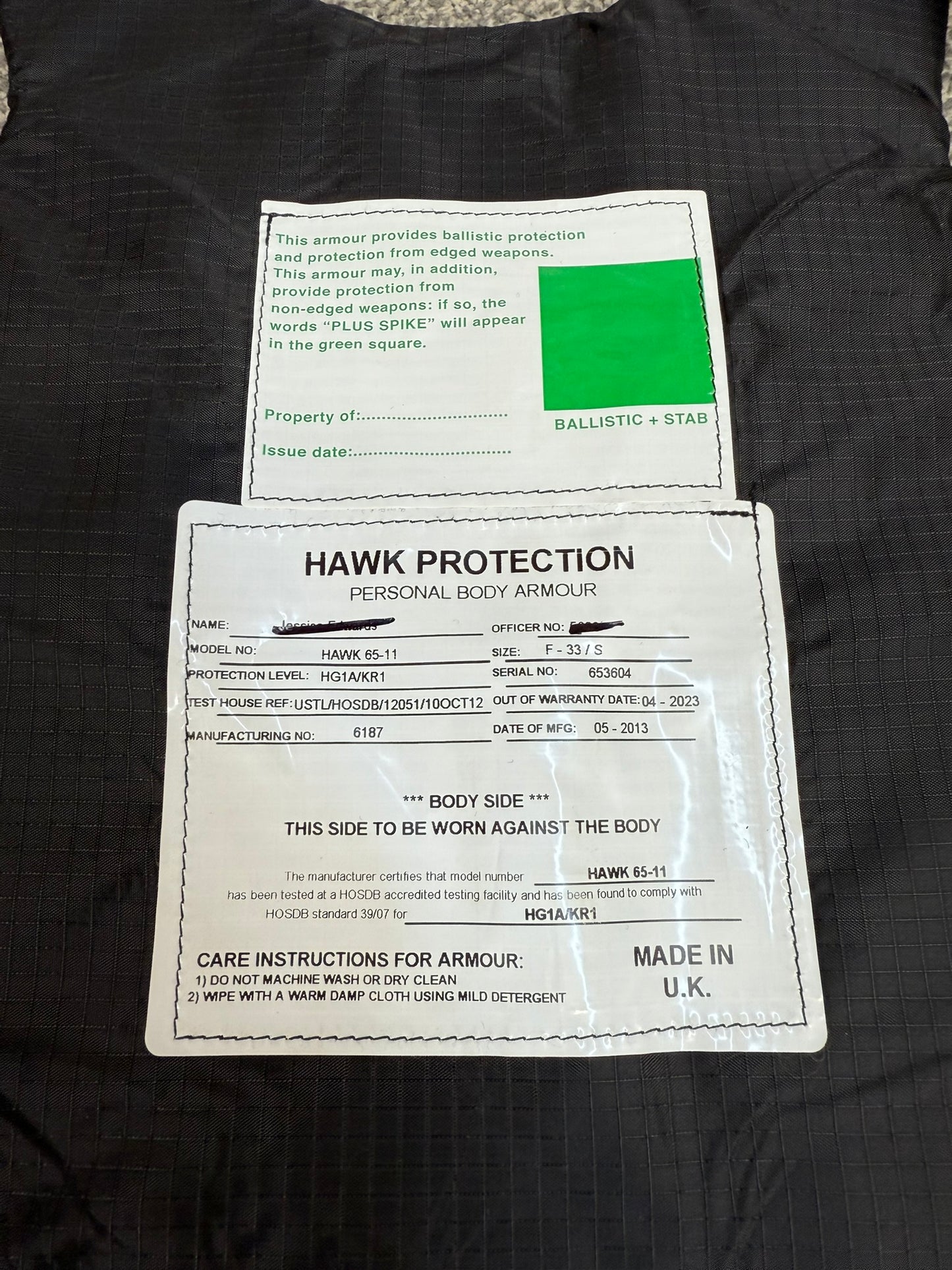 Ex Police Hawk Body Armour Female Vest Anti Stab & Ballistic HG1A & KR1 SML Security
