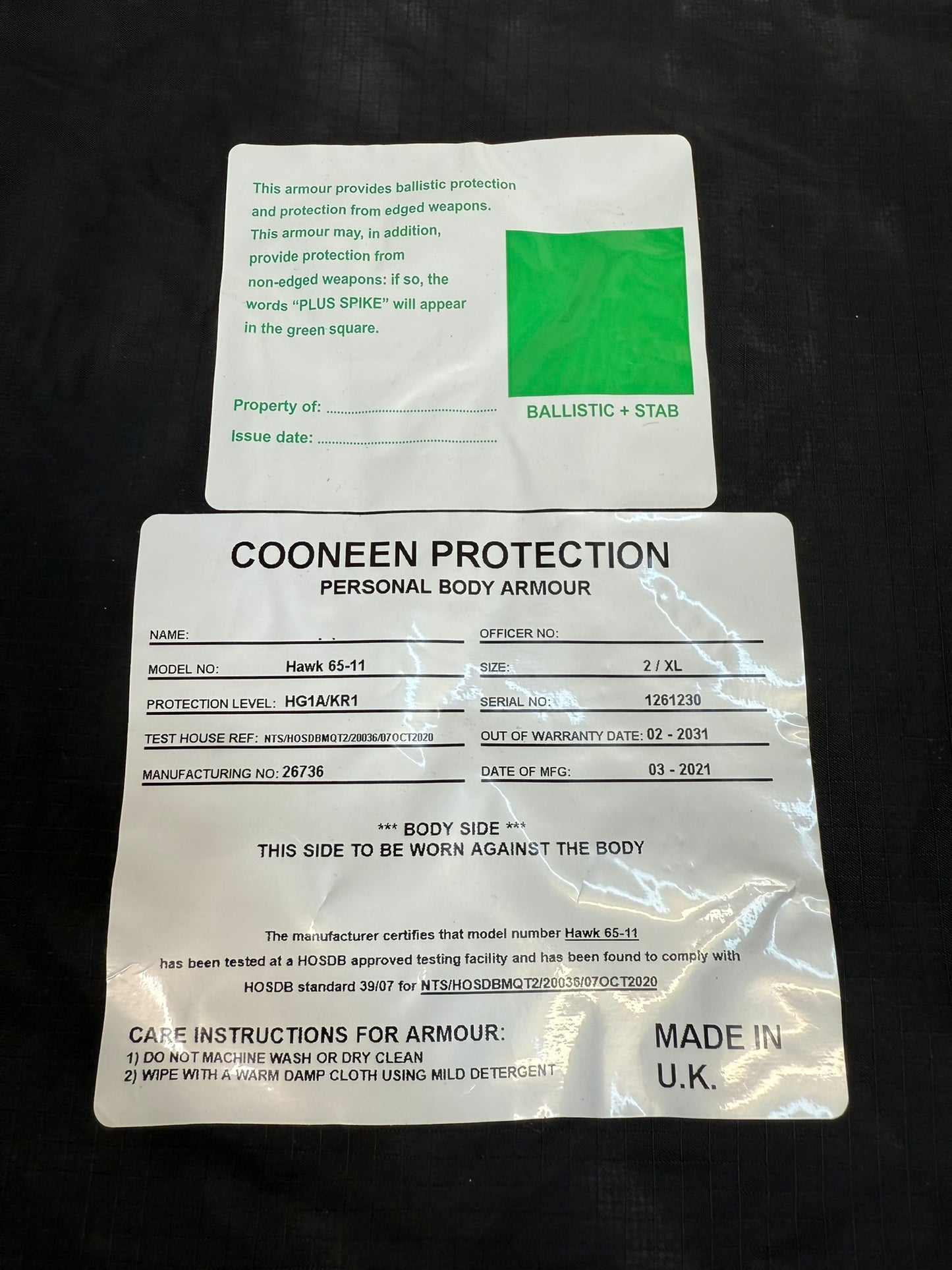 Ex Police Cooneen Body Armour Vest X LRG - Anti Stab & Ballistic HG1A & KR1