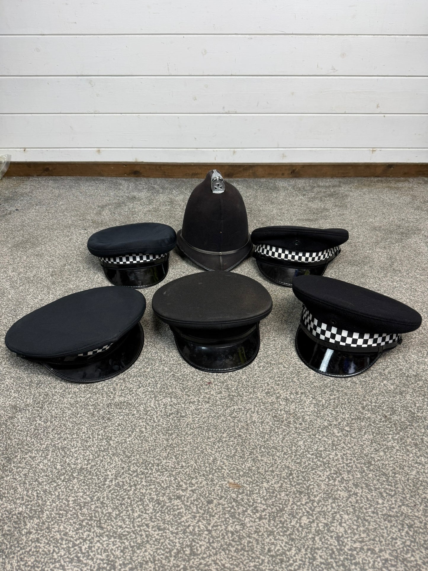 Ex Police Peak Cap Hat Bobby Helmet Job Lot x7 Theatre Headwear Uniform Film Prop Lot