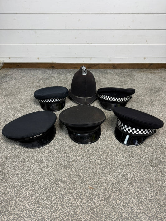 Ex Police Peak Cap Hat Bobby Helmet Job Lot x7 Theatre Headwear Uniform Film Prop Lot