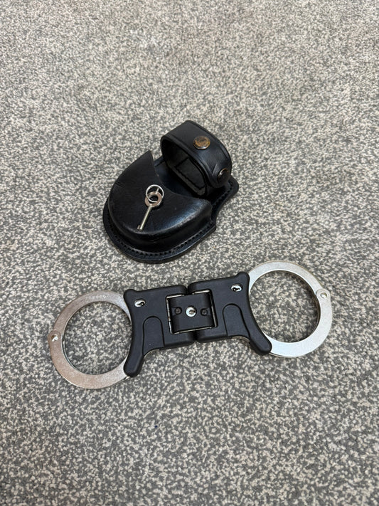 Ex Police Folding Hiatt Handcuffs Hinged Cuffs PSNI Pouch & Key Security Collectible