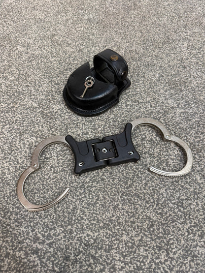 Ex Police Folding Hiatt Handcuffs Hinged Cuffs PSNI Pouch & Key Security Collectible