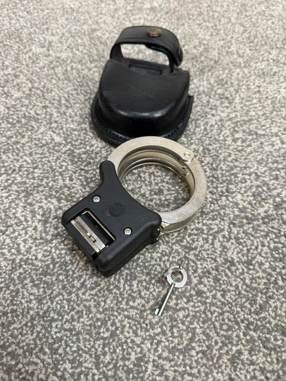 Ex Police Folding Hiatt Handcuffs Hinged Cuffs PSNI Pouch & Key Security Collectible