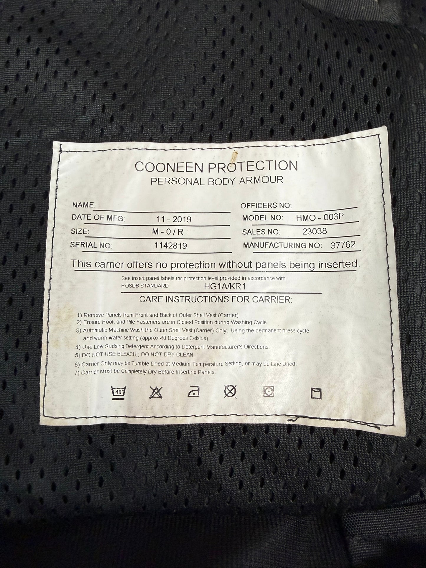 Ex Police Cooneen Body Armour Stab Vest SMALL Anti Stab & Ballistic HG1A & KR1