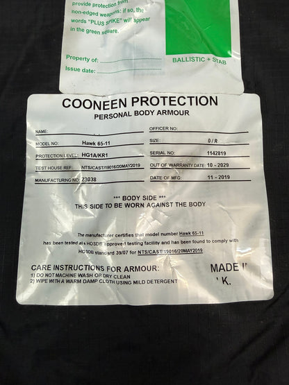 Ex Police Cooneen Body Armour Stab Vest SMALL Anti Stab & Ballistic HG1A & KR1
