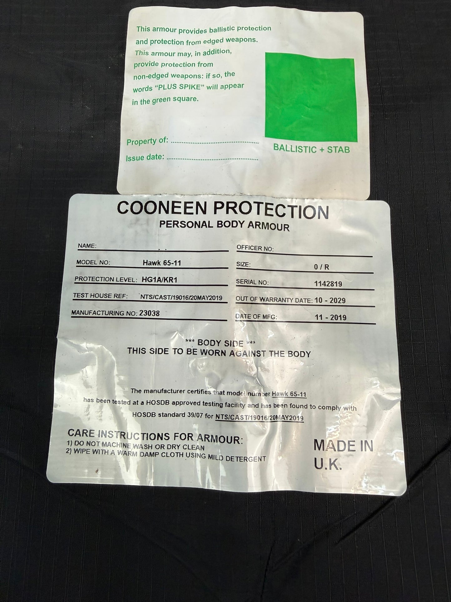 Ex Police Cooneen Body Armour Stab Vest SMALL Anti Stab & Ballistic HG1A & KR1