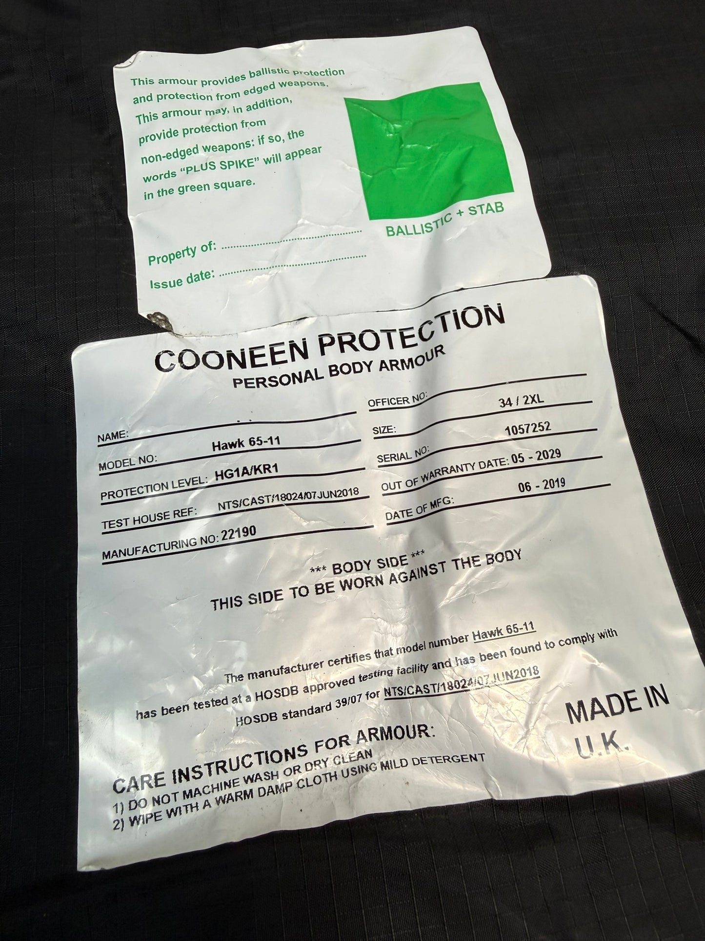 Ex Police Cooneen Body Armour Stab Vest MEDIUM - Anti Stab & Ballistic HG1A & KR1