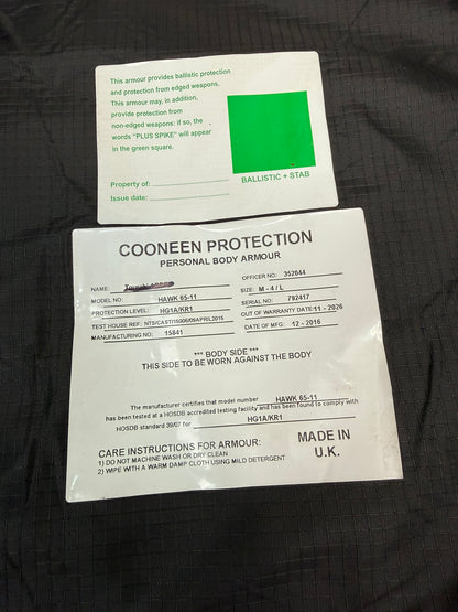 Ex Police Cooneen Body Armour Stab Vest LARGE Anti Stab & Ballistic HG1A & KR1 + Bag