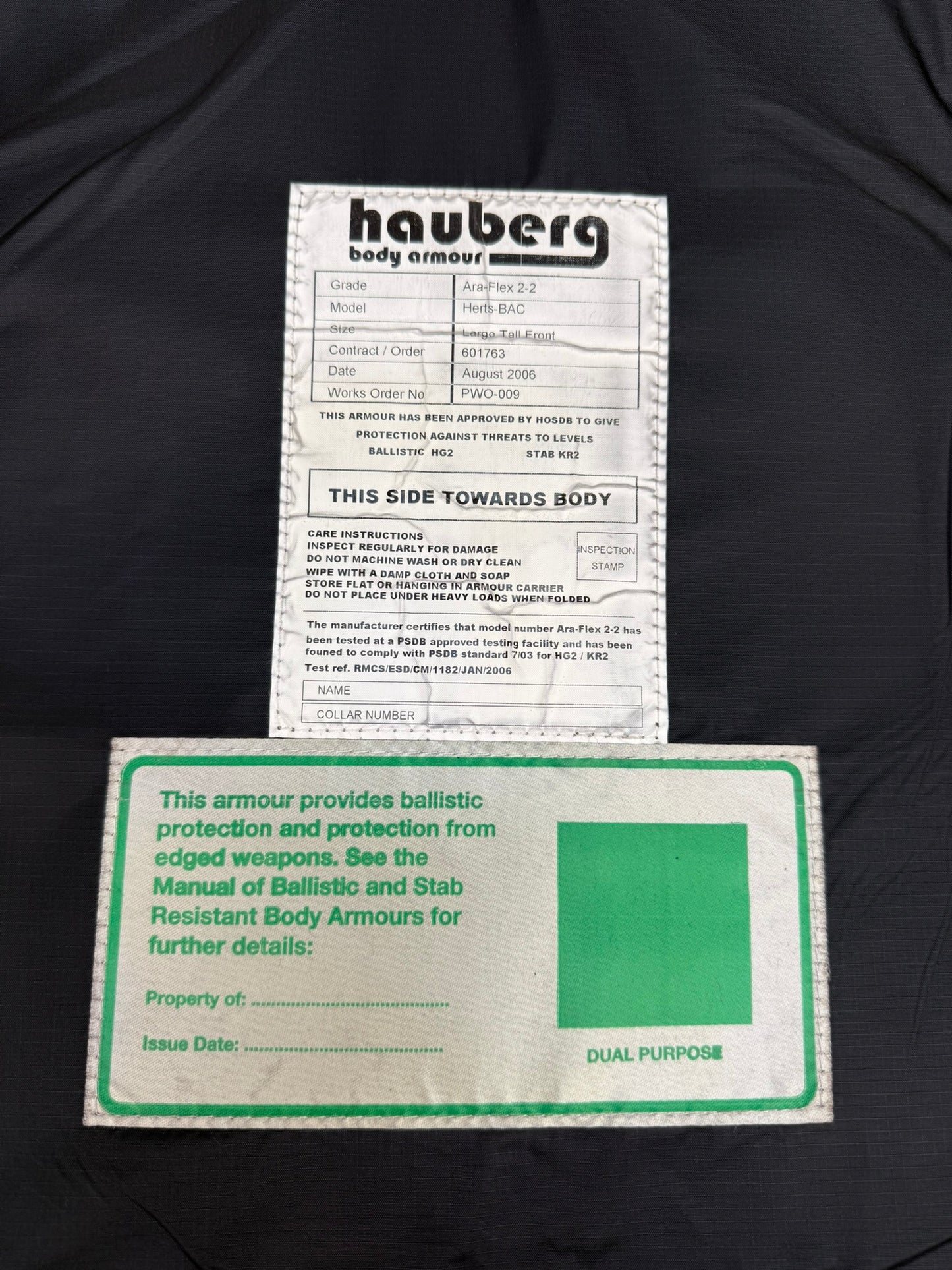 Ex Police Hauberg Body Armour Vest & Bag LRG Anti Stab Ballistic HG2 & KR2