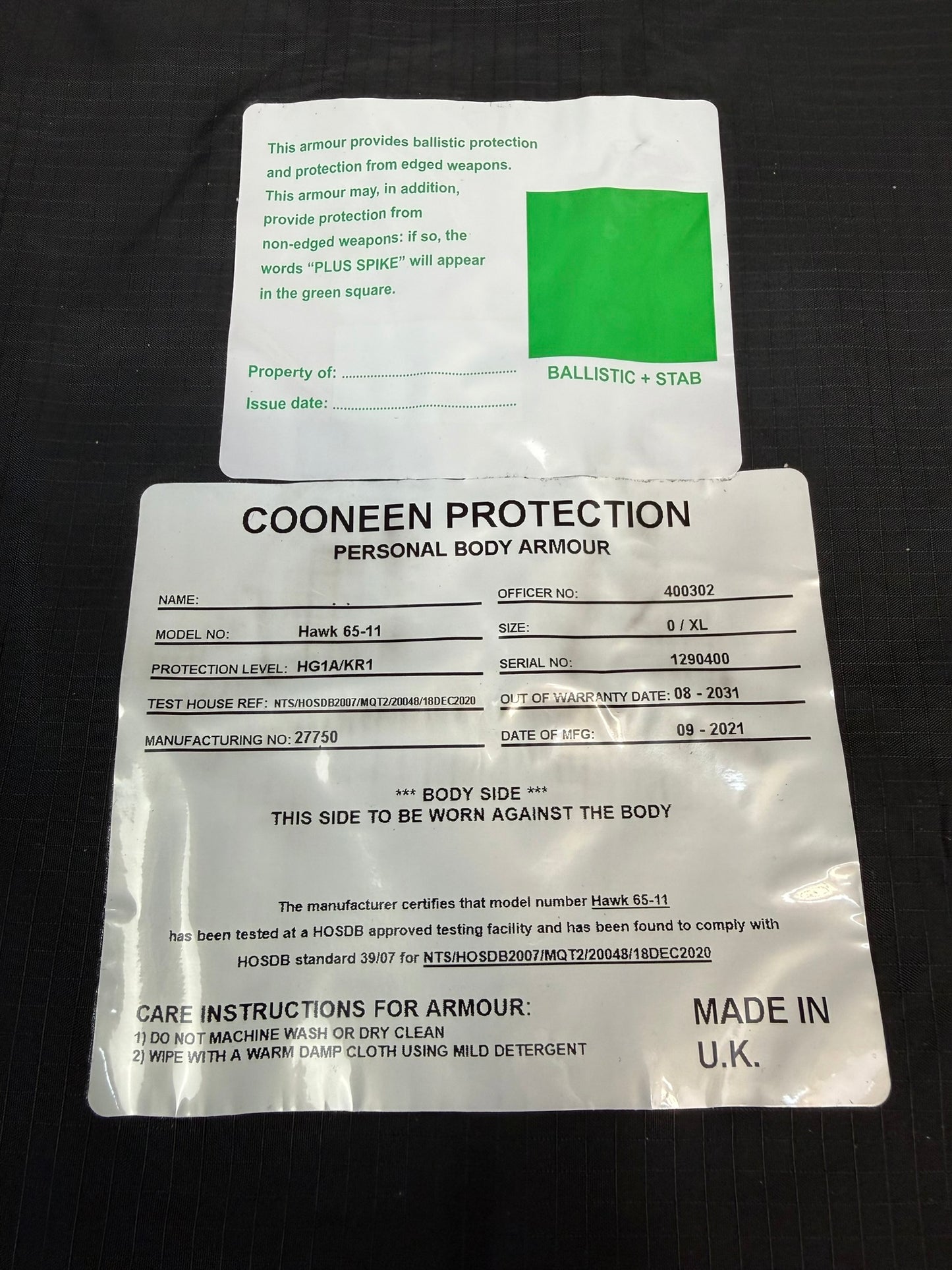 Ex Police Cooneen Body Armour Stab Vest SMALL Anti Stab & Ballistic HG1A & KR1